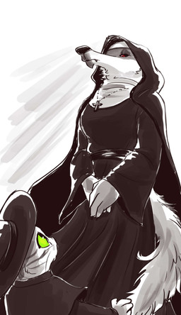 alternate_universe alternative_fashion anthro black_clothing claws clothed clothing cross cross_necklace crossdressing crossed_hands duo facial_markings fluffy fluffy_tail fuzzy green_eyes half-closed_eyes hands_together hat head_markings headgear headwear hood jewelry looking_at_another looking_down looking_up low-angle_view male male/male markings mask_(marking) narrowed_eyes necklace nun nun_outfit priest red_eyes simple_background size_difference standing tail whiskers white_background ultimatellurker dreamworks puss_in_boots_(franchise) death_(puss_in_boots) puss_in_boots_(dreamworks) canid canine canis domestic_cat felid feline felis mammal tabby_cat wolf absurd_res hi_res monochrome