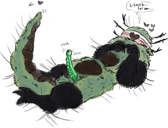 anthro antlers arm_markings balls black_arms black_legs blind disability erection explicitly_stated_consent genitals green_body green_penis heart_eyes heart_symbol horn leg_markings lying male markings on_back onomatopoeia penis presenting presenting_penis solo sound_effects tail text throbbing throbbing_penis welcometaco cult_of_the_lamb massive_monster_(studio) leshy_(cult_of_the_lamb) 2025