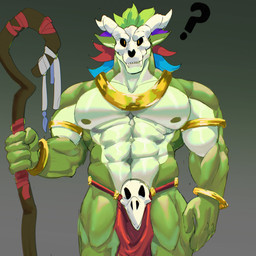 5_fingers abs anthro armlet biceps bone bone_mask bottomwear bracelet clothed clothing feathered_headdress fingers forearm_muscles front_view gradient_background green_body grey_background holding_object holding_staff jewelry loincloth looking_at_viewer male mask muscular muscular_anthro muscular_male muscular_thighs necklace nipples obliques pecs quads question_mark serratus simple_background skull skull_accessory skull_mask solo staff standing stocky topless trapezius tribal tribal_clothing leons terraria witch_doctor_(terraria) lihzahrd lizard reptile scalie 1:1 2026 absurd_res digital_media_(artwork) hi_res portrait three-quarter_portrait