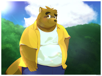 anthro belly big_belly black_nose blush bottomwear brown_body brown_fur clothing cloud eyewear fur glasses kemono male outside overweight overweight_male pants solo sun kamakitoron kumatoron morenatsu kounosuke_kuri canid canine mammal raccoon_dog tanuki 2023 absurd_res hi_res