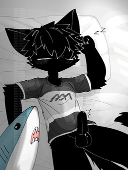 anthro balls bed black_body black_fur black_hair blush bodily_fluids bottomless cat_tail clothed clothing crotch_tuft erection fur furniture genital_fluids genitals hair humanoid_genitalia humanoid_penis lying lying_on_bed male nude on_bed penis plushie precum shark_plushie sleeping solo tail topwear tuft bikabe3m ikea blahaj katsuroki_(bikabe3m) domestic_cat felid feline felis mammal 3:4 digital_media_(artwork) watermark