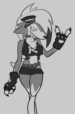 3_claws 3_fingers alternative_fashion anthro anthrofied belt bent_arm biped bottomwear breasts chest_tuft claws clothed clothed_anthro clothed_female clothing collar devil_horns_(gesture) digitigrade female female_anthro finger_claws fingerless_gloves fingers front_view gesture gloves grin grinning_at_viewer hair hand_gesture handwear hat headgear headwear looking_at_viewer medium_breasts midriff miniskirt navel nipple_outline open_mouth open_smile pokemorph punk sharp_teeth shirt skirt smile smiling_at_viewer snout solo spiked_collar spikes standing tail tank_top teeth topwear tuft malofantastic nintendo pokemon team_rocket generation_7_pokemon lycanroc midnight_lycanroc pokemon_(species) 2025 digital_drawing_(artwork) digital_media_(artwork) greyscale hi_res monochrome portrait three-quarter_portrait