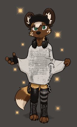 ambiguous_anthro ambiguous_gender anthro biped brown_body brown_fur cheek_tuft clothing facial_tuft feet fur grey_background head_tuft hindpaw looking_at_viewer markings paws shirt simple_background solo sparkles spots spotted_body spotted_fur standing text text_on_clothing text_on_shirt text_on_topwear topwear tuft white_spots theblueberrycarrots milo_(juantriforce) african_wild_dog canid canine mammal digital_drawing_(artwork) digital_media_(artwork) source_request