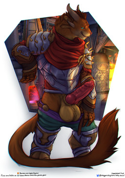 4_ears 4_horns animal_genitalia animal_penis anthro armor balls bedroom_eyes big_balls biped blue_eyes bottomwear bottomwear_down brown_body brown_fur brown_hair clothed clothing cuirass digitigrade erection fur genitals gloves greaves hair handwear horn knot knotted_penis looking_at_viewer male multi_ear multi_horn multicolored_body multicolored_fur narrowed_eyes pants pants_down partially_clothed pauldron penile_spines penis red_scarf scarf seductive solo standing tail tail_tuft tan_body tan_fur text tuft the_gentle_giant guild_wars charr felid mammal 2026 absurd_res digital_media_(artwork) english_text hi_res