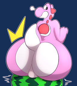 anthro backsack balls big_butt butt emanata food fruit genitals huge_butt looking_back male melon non-mammal_balls pink_body plant simple_background solo transparent_background lightningfire12 mario_bros nintendo pink_yoshi scalie yoshi alpha_channel hi_res