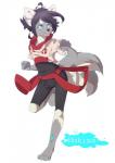 4_toes 5_fingers anthro barefoot biped black_hair blue_eyes clothed clothing digitigrade feet fingers hair male simple_background smile solo toes white_background rikitoka canid canine canis domestic_dog mammal hi_res