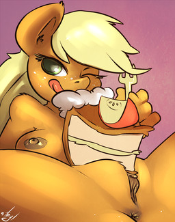 anthro anthrofied anus apple biped blonde_hair breasts cutlery dessert eyes_closed female food fork freckles fruit fur genitals green_eyes hair kitchen_utensils long_hair nipples orange_body orange_fur pastry pie plant solo tools vulva atryl friendship_is_magic hasbro my_little_pony applejack_(mlp) earth_pony equid equine horse mammal pony 2013 digital_media_(artwork) hi_res