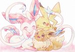 ambiguous_gender blush blush_lines bow_(anatomy) brown_body brown_eyes brown_fur eyes_closed feral fur group happy looking_at_another male one_eye_closed open_mouth paws pink_body pink_fur ribbons_(anatomy) simple_background smile tail tongue trio white_body white_fur yellow_body yellow_fur remedy0308 nintendo pokemon eevee eeveelution generation_1_pokemon generation_6_pokemon pikachu pokemon_(species) sylveon 2025 hi_res signature