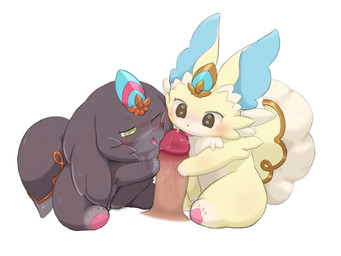 anthro anthro_focus biped bodily_fluids brown_eyes chest_tuft collaborative_licking digitigrade disembodied_penis dripping drooling duo_focus feet female female_focus fluffy fluffy_tail forehead_gem fur gem genitals glans green_eyes grey_body grey_fur group hand_on_penis heart_pupils heart_symbol hindpaw human_on_anthro humanoid_genitalia humanoid_penis interspecies licking_tip male male/female narrowed_eyes one_eye_closed open_mouth paws penis saliva saliva_drip saliva_on_tongue simple_background sitting size_difference smaller_anthro smaller_female tail tongue tongue_out trio tuft white_background white_body white_fur yellow_body yellow_fur beageiso yu-gi-oh! human mammal purrely purrely_(archetype) purrelyly 4:3 digital_drawing_(artwork) digital_media_(artwork) hi_res