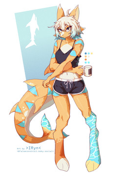 anthro arm_fin black_bottomwear black_clothing black_crop_top black_shirt black_shorts black_topwear blue_body blue_eyes blue_hair blue_scales bottomwear breasts clothing color_swatch container crop_top crossed_arms cup dolphin_shorts drawstring_shorts eyeliner female fin hair head_tuft heterochromia holding_container holding_cup holding_mug holding_object looking_at_viewer makeup markings medium_hair messy_hair mouth_closed mug multicolored_body multicolored_hair orange_body orange_scales red_eyes scales shark_fin shark_tail shirt shorts simple_background slim small_breasts small_waist solo tail tail_fin text topwear tuft white_background white_body white_hair white_mug white_scales yellow_eyes falseconstruct aquatic fish shark artist_name hi_res