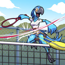 aged_up anthro avian_feet ball beak blue_body blue_feathers bottomwear breasts clothed clothing feathers feet female fingers genitals holding_object holding_tennis_racket jumping nipple_outline no_underwear open_beak open_mouth outside playing_tennis shirt skirt smile solo sport tail tail_feathers talons tennis tennis_ball tennis_court tennis_racket toes tongue topwear vulva bassybefuddle conditional_dnp blue_sky_studios rio_(series) bia_(rio) avian bird macaw neotropical_parrot parrot spix's_macaw true_parrot 1:1 digital_media_(artwork) hi_res