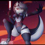 anthro arm_tuft black_bars breasts clothing digitigrade eyelashes female fur gloves grey_body grey_fur hair handwear knee_pads leotard lightsaber melee_weapon navel_outline red_lightsaber red_sclera shoulder_tuft silver_hair sith solo toeless_legwear tuft weapon white_body white_fur fkimnsfw helluva_boss mythology star_wars loona_(helluva_boss) canid canid_demon canine demon hellhound mammal mythological_canine mythological_creature 1:1 2023 hi_res letterbox