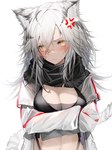 alternate_costume annoyed black_body black_fur blush breasts cleavage clothed clothing cross-popping_vein crossed_arms female female_humanoid fluffy_ears fur grey_body grey_fur grey_hair hair jacket looking_at_viewer multicolored_ears multicolored_tail pupils scar scarf simple_background slit_pupils solo tail topwear white_background yellow_eyes tabhead arknights hypergryph studio_montagne indra_(arknights) animal_humanoid felid felid_humanoid humanoid mammal mammal_humanoid pantherine pantherine_humanoid tiger_humanoid 2021 absurd_res alternate_version_at_source digital_media_(artwork) hi_res