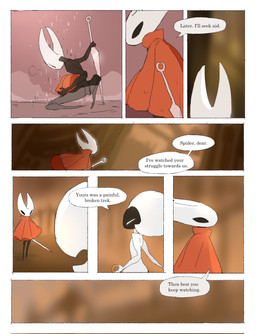 anthro bathing biped black_body blurred_background bodily_fluids cloak cloak_only clothing crouching dialogue duo female genital_fluids holding_object holding_weapon horn hornet's_needle segmented_body showering solo speech_bubble text vaginal_fluids weapon wet wet_body wet_clothing justdog hollow_knight:_silksong hollow_knight_(franchise) team_cherry hornet_(hollow_knight) lace_(hollow_knight:_silksong) arachnid arthropod insect spider 2026 comic english_text hi_res multiple_images multiple_scenes