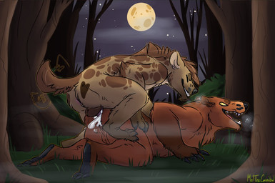 all_fours anal anal_penetration anthro anthro_on_anthro anthro_penetrated anthro_penetrating anthro_penetrating_anthro anus bodily_fluids brown_body brown_fur cum cum_in_ass cum_inside eyes_closed from_behind_position fur genital_fluids genitals grass leaking_cum male male/male male_anthro male_penetrated male_penetrating male_penetrating_male markings moon night nude nude_anthro nude_male open_mouth open_smile outside penetration penile penile_penetration penis penis_in_ass pink_penis plant sex side_view slightly_chubby slightly_chubby_anthro slightly_chubby_male smile spots spotted_body spotted_fur tail tan_body tan_fur teeth tongue tree yellow_eyes meldritchhorror bear hyena mammal spotted_hyena werecreature werehyena wereursid 2016