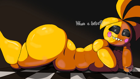 anthro bedroom_eyes big_butt black_sclera breast_rest breasts breasts_on_ground butt checkered checkered_floor dialogue female female_anthro logo looking_at_viewer lying lying_on_ground machine narrowed_eyes nude nude_anthro nude_female on_front on_ground seductive side_view simple_background slightly_chubby slightly_chubby_anthro slightly_chubby_female solo talking_to_viewer text yellow_body racandit five_nights_at_freddy's five_nights_at_freddy's_2 five_nights_at_frickbear's_(series) five_nights_at_frickbear's_2 scottgames toy_chica_(fnaf) toy_chica_(frickbear's) animatronic avian bird chicken galliform phasianid robot 16:9 2026 artist_logo colored digital_drawing_(artwork) digital_media_(artwork) english_text hi_res widescreen