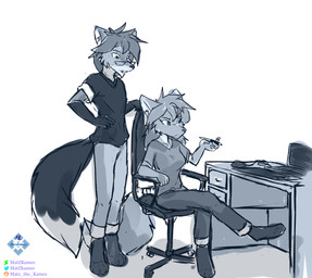 anthro bottomwear chair clothing computer desk duo electronics eyewear female furniture glasses laptop male pants pen shirt sitting standing table tablet topwear wearing matz_the_kames matros_(matz_the_kames) sophie_(matz_the_kames) canid canine canis mammal wolf hi_res sketch