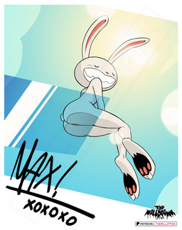 anthro anus butt eyes_closed fur glass light male pawpads paws smile solo sunlight white_body white_fur thewilldpink sam_and_max max_(sam_and_max) lagomorph leporid mammal rabbit hi_res watermark