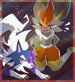 ambiguous_gender anthro blue_body blue_fur blush blush_lines brown_body brown_fur buckteeth claws duo emanata feral fur hands_on_hips kneeling looking_at_another lying mane multicolored_body on_front open_mouth orange_eyes pawpads paws simple_background tail teal_eyes teeth tongue white_body white_fur mrh2o2 nintendo pokemon canid canine cinderace dusk_lycanroc generation_7_pokemon generation_8_pokemon lagomorph lycanroc mammal pokemon_(species) shiny_pokemon 2025 dated hi_res signature