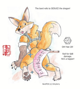 anthro bard biped clothing digitigrade feet flute gloves handwear harness hindpaw male male_anthro musical_instrument paws presenting raised_tail solo tail text wind_instrument woodwind_instrument fennec_(artist) bard_fox_(dahecksajerry) canid canine fox mammal censored english_text