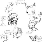 anthro closed_smile clothing dipstick_ears dipstick_tail ear_markings hat headgear headwear long_ears looking_at_viewer male markings mouth_closed multicolored_ears open_mouth simple_background smile solo speech_bubble tail tail_markings teeth tongue tongue_out bucklebunny nintendo pokemon canid generation_1_pokemon lagomorph leporid mammal pikachu pokemon_(species) rabbit reptile scalie snake species_request 1:1 monochrome sketch sketch_page