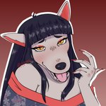 5_fingers anthro asian_clothing black_hair breasts clothing east_asian_clothing eyebrows eyeliner female fingers hair japanese_clothing makeup red_background simple_background tongue tongue_out yellow_eyes pppanth miki_(pppanth) canid canine fox fox_spirit mammal 1:1 hi_res