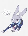 anthro buckteeth clothed clothing fully_clothed fur grey_background grey_body grey_fur gun holding_object holding_weapon looking_at_viewer police police_uniform ranged_weapon scut_tail short_tail simple_background solo tail teeth toeless_legwear uniform weapon u-min disney zootopia judy_hopps lagomorph leporid mammal rabbit