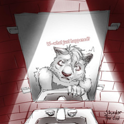 after_transformation anthro bathroom clothed clothing female first_person_view fur hair inside looking_at_reflection looking_at_self mirror pupils reflection shaking sink slit_pupils solo transformation_pov verbal_reaction_to_tf shador_the_cool felid lion mammal pantherine 1:1 hi_res monochrome signature