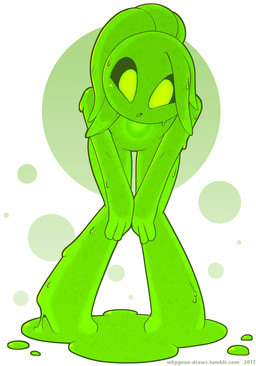 curious female green_body green_eyes hair looking_at_viewer open_mouth ponytail pseudo_hair simple_background slime solo text whygena goo_creature goo_humanoid humanoid 2017 character_request digital_media_(artwork) hi_res unavailable_at_source url