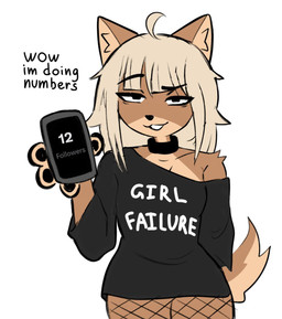 anthro choker clothing electronics female fishnet_clothing fishnet_legwear holding_object holding_phone jewelry legwear looking_at_viewer necklace oversized_clothing oversized_shirt oversized_topwear phone shirt simple_background solo text topwear white_background dogfailureowo hana_(dogfailureowo) canid canine canis domestic_dog mammal english_text hi_res