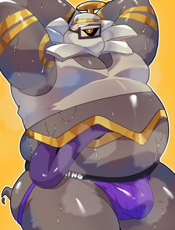 1_eye antennae_(anatomy) anthro anthrofied belly belly_mouth big_arms big_muscles bodily_fluids bottomwear bulge clothed clothing detailed_bulge eyewear glasses grey_body jockstrap male markings moobs musclegut muscular muscular_anthro muscular_arms muscular_male musk overweight overweight_anthro overweight_male pecs pokemorph purple_clothing purple_jockstrap purple_underwear shirt simple_background solo sweat tail tank_top text thick_thighs tongue tongue_out topwear underwear wearing_glasses yellow_eyes sora_idiotka nintendo pokemon dusknoir generation_4_pokemon ghost pokemon_(species) spirit digital_drawing_(artwork) digital_media_(artwork) english_text hi_res
