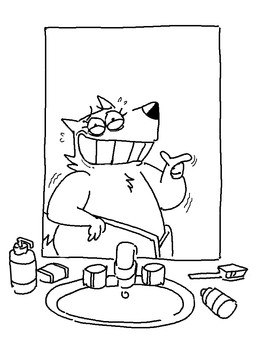 ambiguous_gender anthro brush female gesture hand_gesture mirror nervous nervous_smile pointing pointing_at_viewer shaking sink soap_bar soap_dispenser solo toothbrush twistcmyk monochrome