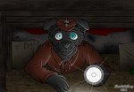 anthro black_body black_fur black_nose blue_eyes clothing dark detailed_background eye_scar facial_scar flashlight fur looking_at_viewer male military scar scared soldier solo uniform warrior sharicgshep canid canine canis mammal wolf