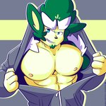 1:1 anthro clothed clothing digital_media_(artwork) exposing_chest fizzyjay generation_5_pokemon hi_res looking_at_viewer male mammal muscular muscular_anthro muscular_male nintendo nipples pecs pokemon pokemon_(species) primate simisage simple_background solo sweatshirt