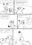 anthro bernielover black_and_white butt canid canine comic disney duo english_text female fox hi_res judy_hopps lagomorph leporid male male/female mammal monochrome nick_wilde nude rabbit red_fox simple_background speech_bubble text true_fox white_background zootopia