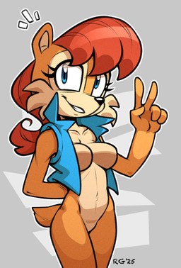 anthro black_nose blue_eyes bottomless bottomless_female breasts clothed clothing featureless_breasts featureless_crotch female gesture hair open_clothing open_topwear open_vest red_hair scut_tail short_tail solo tail topwear vest rogone2 sega sonic_the_hedgehog_(series) sally_acorn chipmunk ground_squirrel mammal rodent sciurid 2025