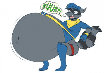 anthro belly belly_inflation big_belly bloated burping fur grey_body grey_fur huge_belly inflation male mask obese open_mouth overweight scarf solo yellow_eyes v1sage sly_cooper_(series) sony_corporation sony_interactive_entertainment sucker_punch_productions sly_cooper mammal procyonid raccoon