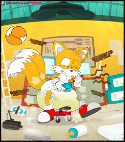 anthro baby_bottle baby_powder blue_eyes blue_pacifier blush bodily_fluids ceiling_fan chest_tuft clean_diaper clothed clothing computer cracked_ground diaper diaper_fetish diaper_only diaper_use electric_fan electronics floor footwear fur genital_fluids gloves handwear head_tuft ladder male multi_tail one_eye_closed onomatopoeia orange_body orange_fur pacifier red_clothing red_footwear red_shoes screwdriver shoes solo sound_effects sweat sweatdrop tail tape text tile tile_floor tongue tongue_out tool_wall toolbox tools topless tuft unclean_diaper urine used_diaper wearing_diaper wet_diaper wetting wetting_diaper white_body white_clothing white_diaper white_fur white_gloves white_handwear workbench workshop wrench young tenerius sega sonic_the_hedgehog_(series) miles_prower canid canine fox mammal absurd_res hi_res url watermark