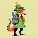 backpack clothing cosplay flower hat headgear headwear male pipe plant red_body red_scales scales scarf simple_background solo tamlin123 the_moomins snufkin kobold scalie hi_res