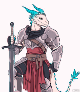 anthro armor belt blue_claws blue_horn bottomwear brown_body claws clothed clothing fur holding_object horn male melee_weapon pants simple_background solo sword tail topwear tuft weapon white_body cerezo mythology dragon mythological_creature mythological_scalie scalie chromatic_aberration digital_media_(artwork) hi_res