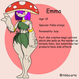 3_fingers blush bottomwear clothing covered_eyes female fingers freckled_face freckled_hips freckled_legs freckled_shoulders freckles fungus grey_body hair huge_hips huge_thighs leaf_skirt mushroom_cap purple_hair skirt small_waist solo text thick_thighs topwear wide_hips tibbs emma_(tibbs) elemental_creature fungi_fauna humanoid 1:1 english_text hi_res model_sheet