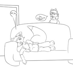 anthro clothed clothing dialogue duo female furniture lying male on_side sofa nmf_guy bebo_(nmf_guy) canid canine fox mammal hi_res monochrome brother_(lore) brother_and_sister_(lore) sibling_(lore) sister_(lore)