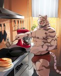 abs anthro appliance barazoku beard biceps big_bulge big_muscles bulge butter claws clothed clothing cooking cookware dairy_products deltoids detailed_background eyebrows eyes_closed eyewear facial_hair food frying_pan fur glasses inside kitchen kitchen_utensils looking_at_viewer male mature_anthro mature_male muscular muscular_anthro muscular_male nipples open_mouth open_smile pancake pecs smile solo spatula standing stove teeth tongue tools topless topless_anthro topless_male tuft underwear underwear_only naikuma felid mammal pantherine tiger 2023 absurd_res hi_res