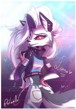 5_fingers alternative_fashion anthro biped border bottomwear clothed clothed_anthro clothed_female clothing countershade_tail countershading ear_piercing eyebrows eyelashes female female_anthro fingerless_gloves fingers fishnet_clothing fishnet_legwear fully_clothed fully_clothed_anthro fully_clothed_female fur furgonomic_bottomwear furgonomic_shorts furgonomics gloves grey_body grey_fur hair hand_on_hip hand_on_own_hip handwear heart_symbol inner_ear_fluff iris jacket legwear lgbt_pride lips looking_at_viewer looking_back makeup markings multicolored_body multicolored_fur panties piercing pride_color_makeup pride_colors punk pupils red_sclera shorts smile snout solo spikes tail text topwear transgender_pride_colors translucent translucent_hair tuft underwear white_body white_border white_eyes white_fur siliciaart hellaverse helluva_boss mythology loona_(helluva_boss) canid canid_demon canine demon hellhound mammal mythological_canine mythological_creature 2020 character_name digital_media_(artwork) hi_res signature