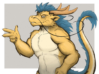2_horns anthro barbel_(anatomy) biceps blue_hair blue_mane finger_gun flesh_whiskers gesture hair hand_gesture horn long_whiskers looking_at_viewer male mane muscular muscular_anthro muscular_male pecs solo tail_mane whiskers yellow_body elhaz mythology dragon eastern_dragon mythological_creature mythological_scalie scalie 2025 digital_media_(artwork) hi_res signature
