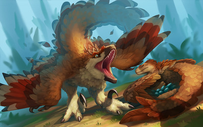 ambiguous_feral ambiguous_gender claws duo egg feathers feral grass open_mouth plant sharp_teeth sickle_claw tail teeth toe_claws tongue tree dsw7 deinonychus dinosaur dromaeosaurid feathered_dinosaur feathered_scalie prehistoric_species reptile saurischian scalie theropod