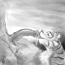 animal_genitalia animal_penis anthro anthro_on_anthro balls bodily_fluids cum cum_string duo equine_genitalia equine_penis eyes_closed facial_markings fangs fur genital_fluids genitals half-erect head_markings licking male male/male markings medial_ring nude open_mouth oral penile penis penis_lick sex side_view simple_background striped_body striped_face striped_fur striped_shoulder stripes teeth tongue tongue_out vein veiny_penis hufnaar equid equine felid mammal pantherine tiger 1:1 2022 dated monochrome