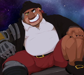 alternative_fashion anthro barazoku bedroom_eyes beer_belly belly belt belt_buckle biceps big_belly big_bulge big_muscles big_nose black_belt black_clothing black_eyebrows black_footwear black_hat black_headwear black_jacket black_shoes black_topwear boat bottomwear brown_body brown_fur buckle bulge captain claws clenched_teeth clothing cosmic_background cybernetic_arm cybernetic_eye cybernetic_leg cybernetic_limb cybernetics ear_piercing ear_ring erection erection_under_clothing erection_under_shorts eyebrows fierce fierce_expression footwear fur futuristic gold_(metal) gold_ear_ring gold_jewelry grin grinning_at_viewer hand_on_knee hand_on_leg hat headgear headwear holding_knee holding_leg jacket jewelry looking_at_viewer machine male manly mature_humanoid mature_male mechanical_arm mechanical_leg musclegut muscular muscular_anthro muscular_arms muscular_male muscular_thighs narrowed_eyes piercing pirate pirate_captain pirate_hat pirate_outfit red_bottomwear red_clothing red_shorts ring_piercing sailor seducing_viewer seductive shirt shorts sitting smile smiling_at_viewer solo space space_background spread_legs spreading steampunk teeth tenting thick_arms thick_eyebrows thick_thighs topwear tricorne vehicle watercraft white_clothing white_shirt white_topwear orangetaming disney treasure_planet long_john_silver long_john_silver_(treasure_planet) alien alien_humanoid cyborg humanoid absurd_res hi_res