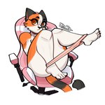 ambiguous_gender anthro black_body black_fur black_nose chair clothing fur furniture gaming_chair on_chair orange_body orange_eyes orange_fur panties pink_chair simple_background sitting sitting_on_chair solo underwear white_background white_body white_fur rodd.y calico_cat domestic_cat felid feline felis mammal 1:1 2024 hi_res