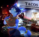 anthro blue_arms blue_body blue_ears blue_fur blue_hair blue_tail breasts car clothing eating female fingers food fur hair heart_symbol holding_object motor_vehicle tacos tail topwear vehicle jaff96 nintendo star_fox krystal_(star_fox) canid canine fox mammal 2023 absurd_res hi_res